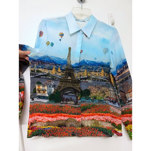 Alice + Olivia Willa Emily in Paris Eiffel Tower Shirt Blouse Silk Floral M - Picture 6 of 16